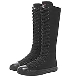 ANUFER Mädchen Damen Knie Hoch Leinwandstiefel Schnüren Reißverschluss Eben Sportschuhe Schwarz F888 EU40