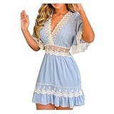Fascino-M Damen Kleid Boho Stil Spitze Sommerkleid Knielang Print Maxi Kleid Kurzarm V-Ausschnitt Spitzen Abendkleid Strandkleid Party Loose Lange Tunika Lace Strandkleider Sommerk