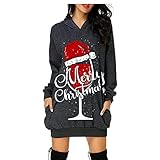 Damen Rotweinglas Drucken Hoodie Kleid Pullover Weihnachten Langarm Sweatshirts Kapuzenpullover Tops Herbst Mini Kleid Casual Herbst Hoodies Kleid Xmas Santa Rentier Lange Pulli Kleid mit T