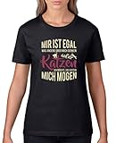 Comedy Shirts - Mir ist egal was Andere über Mich Denken, außer Katzen - Damen T-Shirt - Schwarz/Beige-Fuchsia Gr. XS