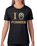 Comedy Shirts - I Love Pommes - Damen T-Shirt - Schwarz/Hellbraun-Beige Gr. 3XL