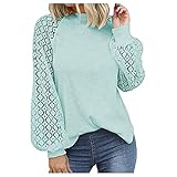 Damen Herbst Bluse Rundhals Sweatshirts Spitze Stitching Loose Top Einfarbig, Grün , S