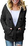 Veronca Womens Hooded Cardigans Button Up Cable Knit Sweater Coat Outerwear with Pock