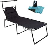 WildStage Aluminium Sonnenliege XXL klappbar mit Dach bis 150 kg Klappliege 5-Fach verstellbar Dreibeinliege Gartenliege extra hoch mit Sonnendach 200x70x45 cm schwarz + Gratis Geschenk 4-Teilig