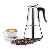 Espressokocher, Premium Elektrisch Espressokocher Edelstahl, 300ML 6 Tassen Mokkakanne mit Heizplatte und Sicherheitsventil für Arbeit, Familientreffen, Sport und Freizeit, Einfach Zu Säubern(Silber)