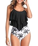 Durio Damen Bikini Set Rüschen Volant High Waist Bauchweg Bademode Zweiteiliger Badeanzug Schwarz-Weiß 40-42