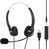 PC Headset mit Mikrofon USB/3,5mm Business Headset mit Noise Cancelling & Audio Controls, Stereo PC Kopfhörer für Call Center, Office, Skype, Chat, Softp