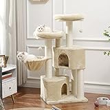 MSmask Kratzbaum groß XXL, Katzenbaum für Grosse Katzen stabil mit groß Sisal-Kratzstangen, 2 großer Aussichtsplattform (Beige+Weiß Sisalstämme)