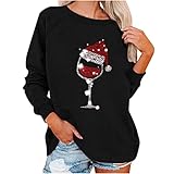 Weihnachten Sweatshirt Damen Pullover Rundhals Langarmshirt Weihnachts Rotweinglas Bedrucktes Oberteil Tops Herbst Freizeit T-Shirts Bluse Casual Lose Christmas Wine Glass Drucken Pulli Ob