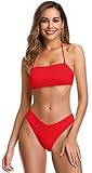 SHEKINI Damen Bikinis Set Rückenfrei Charmant Bandeau Bikini Gerippt Bikinioberteil Verstellbarer Kreuz Ties up Zweiteiliger Badeanzug Chic Bikinihose Strandbikini(Small, Rot)