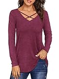 Beluring Damen Langarm Criss Cross T-Shirts Sexy Low Cut Langarm Tops Burgund M