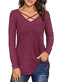 Beluring Herbst Basic V-Ausschnitt Criss Cross T-Shirts Langarmshirts für Damen Burgund XL