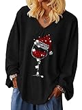 Weihnachten Rotweinglas Sweatshirts Tops Frauen Sparkly Santa Hat Print Pullover Langarm Bluse S