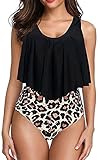 wenyujh Bikini High Waist Damen Zweiteiliger Bikini Set Badeanzug Rüschen Bedruckt Bademode mit Hoher Taille Bikinihose Push-up Bikinioberteil Tankini Strandkleidung(3#b, XL)