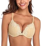 Deyllo Damen Push Up BH mit Blumen Spitze Behalen Bügel BH Gepolstert Elegant(Beige,75B)