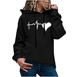 iHENGH Damen Herbst und Winter Hoodie Übergröße Sweatshirt Pullover, Liebe Grafik langärmshirt Kapuzenpullover Top, modischer und bequemer Freizeitpullover mit Tunnelzug und Taschen(Schwarz,XXL)
