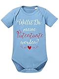 clothinx Baby Body Unisex Willst du Meine Patentante Werden? | Schönes Geschenk für die Taufpatin | Qualitativ Hochwertig Bedruckt | 100% Bio-Baumwoll Baby-Body Bio Weiß auf Himmelblau Gr. 50-56