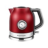 Wasserkocher Edelstahl, Elektrischer Wasserkessel Temperaturanzeige, 1500 W, 1,8 liter, Retro Design, kabelloser Teekocher, BPA frei, Trockengehschutz, automatische Abschaltung… (Red)