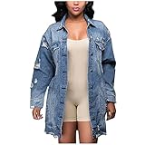 Zilosconcy Jeansjacke Damen Lang Übergangsjacke Frühling Herbst Revers Revers Rissen Jacke Lang Denim Mäntel Oversize Vintage Lang Used Wash Parka Destroyed Cut Out M