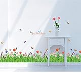 decalmile Wandtattoo Grüne Gras Blumenwiese Wandsticker Schmetterling Bordüre Wandaufkleber Wohnzimmer Schlafzimmer Wanddek