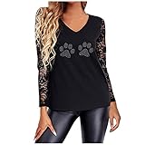 Damen Langarmshirts Blumenstickerei Wimpern Spitze Patchwork Ärmel Shirt Oberteile Sexy Shirt mit Heißer Bohrer Drucken tiefem V Ausschnitt Langarmhemden Tunika Shirt Bluse T