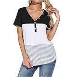 V-Ausschnitt Tasten Sommeroberteile Tshirt Damen, Frauen Tee Tops Shirt Lose Mode Rundhals Blusen Top Casual Pullover Kurzarm Jumper（Schwarz，S）