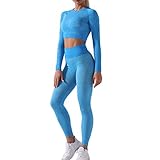 NIBESSER Sportanzug Yoga Trainingsanzug 2 Stücke Damen Sportbekleidung Nahtloser Langarm Sport-Tops Sport Bekleidungssets Frau Jogginganzug (Blau，M)