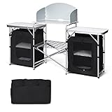 RELAX4LIFE Klappbare Campingküche, Reiseküche mit Tragetasche, Campingschrank mit Metallrahmen & Spritzschutz, Zeltschrank mit 3 Arbeitsplatten & 4 Ablagefächern, Küchenbox aus Aluminium, schw