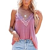 DUNQI Damen Spitzen Stickerei Cami Tank Top Ärmellos Tiefer V-Ausschnitt Spaghettiträger Sexy Camisole Weste Oberteil mit Knoten Frauen Einfarbig Oversize Locker Casual Elegant Sommershirts Untertop