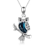 Halskette mit Eulen-Anhänger aus 925er-Sterlingsilber mit Blau Kristallen Anhänger in Tierform Silberschmuck Geschenk für Frauen, 45,7 + 5,1 cm Kettenverlängerung