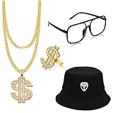 4pcs Hip Hop Kostüm-Set,Dollar kette,Sonnenbrille,Goldring Dollarzeichen Bucket Hat 80er 90er Rapper Zubehör für Partyb