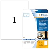 HERMA 8020 Wetterfeste Folien-Etiketten DIN A4 transparent (210 x 297 mm, 25 Blatt, Polyesterfolie, glänzend) selbstklebend, bedruckbar, permanent haftende Klebefolie, 25 Klebeetiketten, durchsichtig