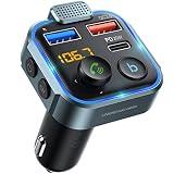 UNBREAKcable Bluetooth 5.0 FM Transmitter Auto Radio Adapter - 38W PD & QC3.0 Schnelles Autoladegerät, Blaue LED Backlit, Bass Verstärker, Freisprechfunktion, Siri und Google Assistant Unterstützung