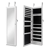 soges Schmuckschrank mit LED Hängender Spiegelschrank an der Tür oder Wand Weißer Spiegelschrank Schmuckorganisier Abschließbar mit Spiegel in voller Länge, 36 x 10 x 120