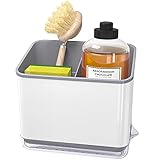Orimade Spülbecken Organizer mit 3 Fächer für Schwamm und Bürsten - Caddy mit Abtropfschale - Praktischer Utensilienhalter für die Küche - Kunststoff, Weiß - 14,5 x 9 x 14