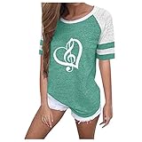 Sport Tshirts Damen Bluse Valentinstag Herzform Drucken Top Pull T-Shirt Longshirt Lose Gedruckt Tee Shirt Pullover T Shirt Oberteile Damen Baumwoll Basic Locker Streetwear S
