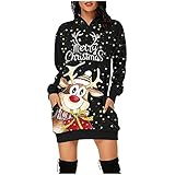 STOREYH Weihnachtsmann Elch Druck Damen Weihnachten Etuikleid mit Drawstring Kapuze Freizeit Loose Wickel Knielang Hoodie Blusenkleid Frauen Mode Tasche Festlich Kleid Columnkleid B