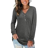 Pure Color Knopf V-Ausschnitt lockerer Damenobers Ärmellänge gelegentliche Lange-Bluse Frauen-T-Shirt für F