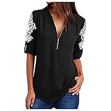 Damen Blusen Elegante Reißverschluss Langarmshirts Bluse Tunika Spitzenärmel Oberteile T-Shirt V-Ausschnitt Tops Sommer Tunika Lose Kalte Schulter sexy Streetwear Tunika Top