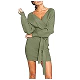 BISADXQ Damen Elegante Strickkleider Pullover Tunika Tops V-Ausschnitt Langarm Minikleid mit Gü