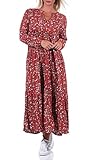 Sublevel Damen Viskose Maxi Kleid LSL-422 Langarm, mit Allover-Print White Flower: Cinnabar red M