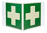 Erste Hilfe Nasenschild/Winkelschild, Hart-PVC langnachleuchtend, 200 x 200 mm gemäß ASR A1.3 / ISO 7010 E003, Rettungszeichen Schild, 20 x 20