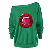 LFYYDS Damen Sweatshirt Mode Herzen Drucken Oberteil Sexy Schulterfrei Longsleeve Tshirt für Frauen Lässiges Loose Fit Langarmshirt Bequem Weiches Bluse Top Valentinstag Tshirt Top