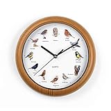 EASYmaxx Wanduhr mit Singvogelgesang | 12 Singvogelstimmen und naturgetreue Vogelmotive | Automatische Abschaltung zwischen 21 und 5 Uhr | Rahmen Holzoptik [Batterien Typ AA erforderlich, 25 x 4 cm]