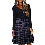 Damen Kleider Partykleid Elegant Langarm Kleid A-Linie Plissee Knielang Shirtkleider Freizeitkleid Casual Rundhals Boho Blusenkleid Longshirt Winter Freizeit Maxi Herbstkleid L