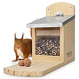 WILDLIFE FRIEND I Eichhörnchen Futterhaus Maxi extra groß und stabil aus Massivholz mit Metall-Dach - Wetterfest, Futterstation zum Eichhörnchen füttern, Eichhö