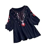 Lazzboy Frauen Weinlese Spitze Patchwork Bogen V-Ausschnitt Viertel Blusen Top T-Shirt Damen Bohemian Stickerei Floral Tunika Shirt Bluse (Y-Marine-Drucken,3XL)