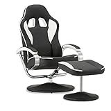 MCombo Racing Gaming Stuhl mit Hocker, 360°drehbarer Relaxsessel mit Liegefunktion, moderner Fernsehsessel TV-Sessel für Wohnzimmer, Kunstleder, 9012 (Weiß+Schwarz)