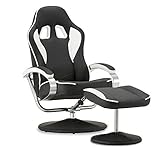 MCombo Racing Gaming Stuhl mit Hocker, 360°drehbarer Relaxsessel mit Liegefunktion, moderner Fernsehsessel TV-Sessel für Wohnzimmer, Kunstleder, 9012 (Weiß+Schwarz)