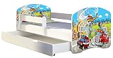 ACMA Kinderbett Jugendbett mit Einer Schublade und Matratze Weiß II 140 160 180 40 Design (180x80 cm + Bettkasten, 36 Feuerwehr)